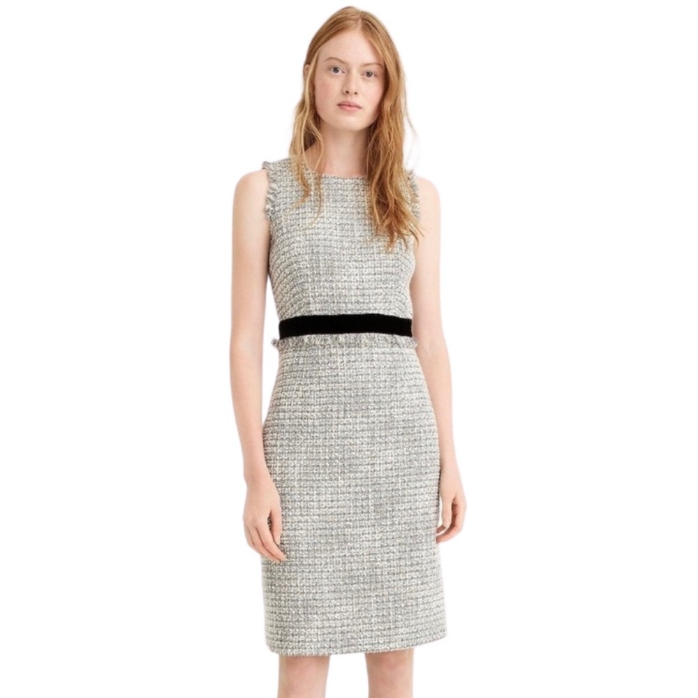 J. Crew Metallic and White Knit Tweed Fringe Velvet Trim Sheath Dress size 10p